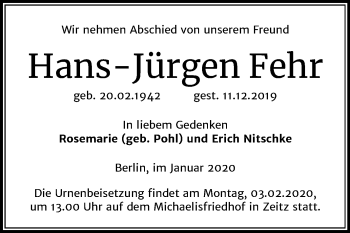 Traueranzeige von Hans-Jürgen Fehr von Super Sonntag Zeitz