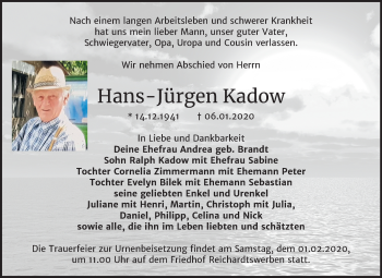 Traueranzeige von Hans-Jürgen Kadow von Mitteldeutsche Zeitung Weißenfels