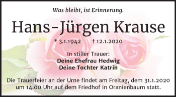 Traueranzeige von Hans-Jürgen Krause von Super Sonntag Wittenberg