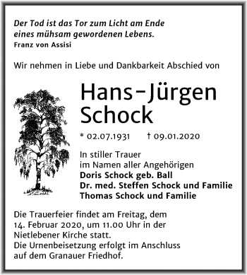 Traueranzeige von Hans-Jürgen Schock von Mitteldeutsche Zeitung Halle/Saalkreis