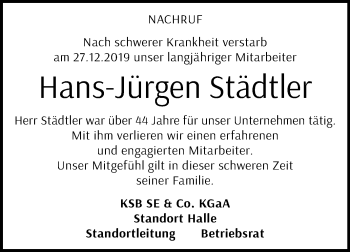 Traueranzeige von Hans-Jürgen Städtler von Mitteldeutsche Zeitung Halle/Saalkreis
