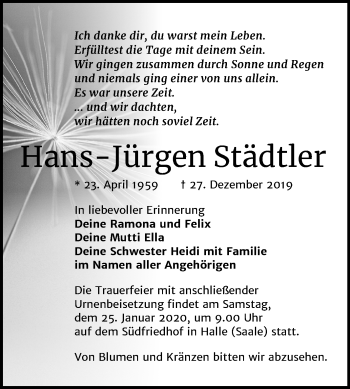 Traueranzeige von Hans-Jürgen Städtler von Mitteldeutsche Zeitung Halle/Saalkreis