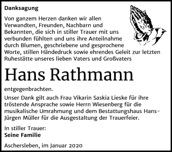Traueranzeige von Hans Rathmann von Mitteldeutsche Zeitung Aschersleben