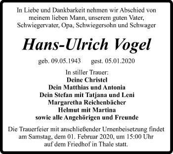 Traueranzeige von Hans-Ulrich Vogel von Mitteldeutsche Zeitung Quedlinburg