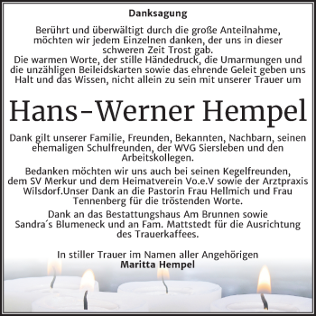 Traueranzeige von Hans-Werner Hempel von Wochenspiegel Mansfelder Land