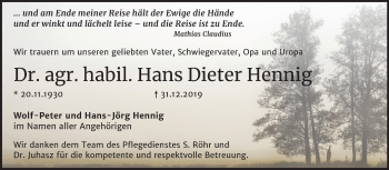 Traueranzeige von Hans Dieter Hennig von Super Sonntag Bernburg
