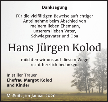 Traueranzeige von Hans Jürgen Kolod von Super Sonntag Zeitz