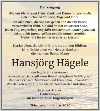 Traueranzeige von Hansjörg Hägele von Super Sonntag Merseburg/Querfurt