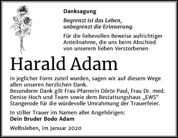 Traueranzeige von Harald Adam von Super Sonntag Mansfelder Land