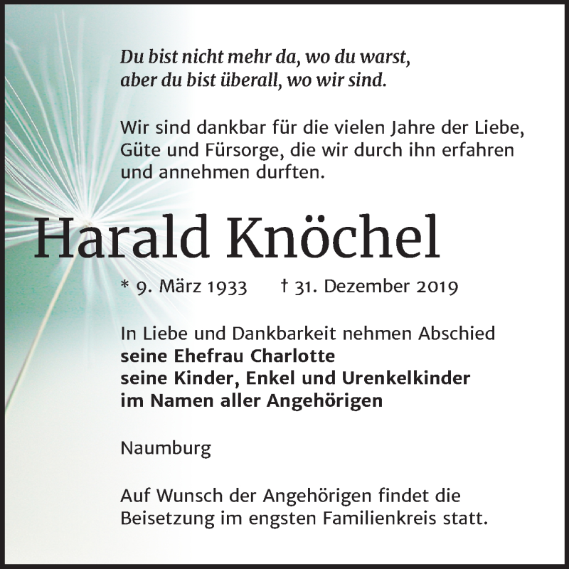  Traueranzeige für Harald Knöchel vom 04.01.2020 aus Mitteldeutsche Zeitung Naumburg/Nebra