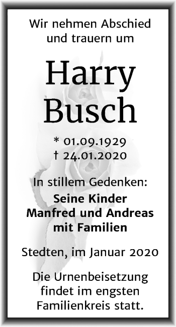 Traueranzeige von Harry Busch von Mitteldeutsche Zeitung Mansfelder Land / Merseburg/Querfurt