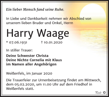 Traueranzeige von Harry Waage von Wochenspiegel Weißenfels