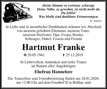 Traueranzeige von Hartmut Franke von Mitteldeutsche Zeitung Wittenberg