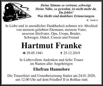 Traueranzeige von Hartmut Franke von Super Sonntag Dessau-Roßlau