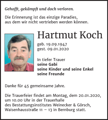 Traueranzeige von Hartmut Koch von Mitteldeutsche Zeitung Bernburg