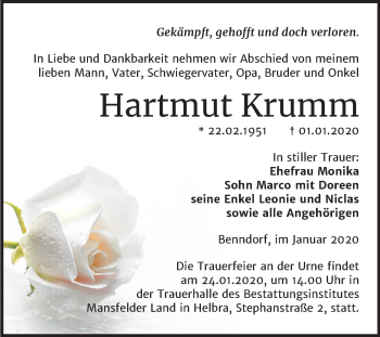 Traueranzeige von Hartmut Krumm von Mitteldeutsche Zeitung Mansfelder Land