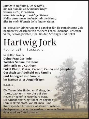 Traueranzeige von Hartwig Jork von Wochenspiegel Naumburg/Nebra