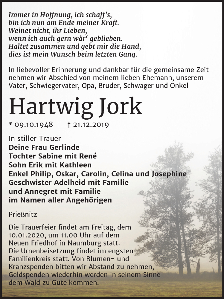  Traueranzeige für Hartwig Jork vom 31.12.2019 aus Wochenspiegel Naumburg/Nebra