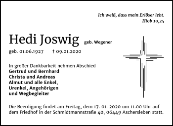 Traueranzeige von Hedi Joswig von Mitteldeutsche Zeitung Aschersleben