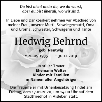 Traueranzeige von Hedwig Behrnd von Mitteldeutsche Zeitung Bernburg