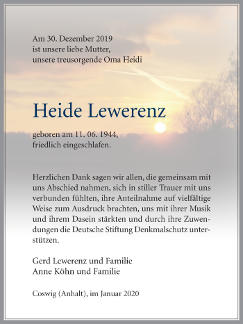 Traueranzeige von Heide Lewerenz von Mitteldeutsche Zeitung Wittenberg