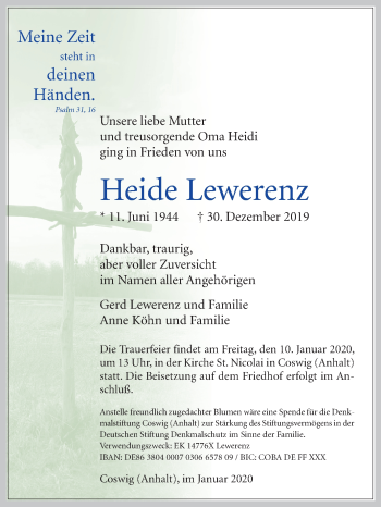 Traueranzeige von Heide Lewerenz von Super Sonntag Wittenberg