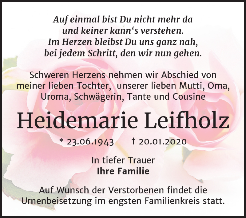  Traueranzeige für Heidemarie Leifholz vom 25.01.2020 aus Mitteldeutsche Zeitung Quedlinburg