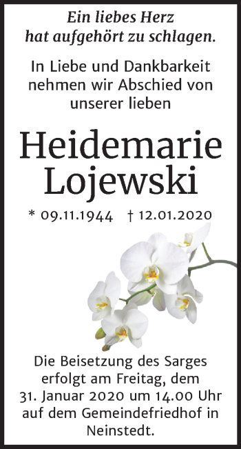 Traueranzeige von Heidemarie Lojewski von Mitteldeutsche Zeitung Quedlinburg