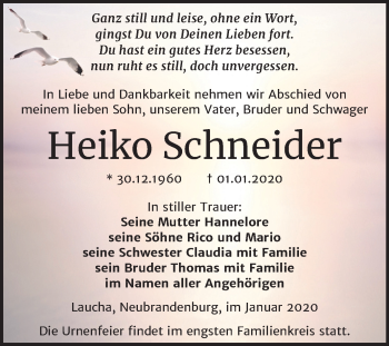 Traueranzeige von Heiko Schneider von Wochenspiegel Naumburg/Nebra
