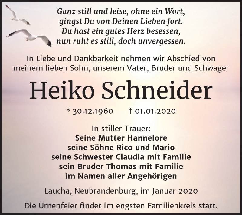 Traueranzeige für Heiko Schneider vom 22.01.2020 aus Wochenspiegel Naumburg/Nebra