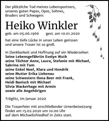 Traueranzeige von Heiko Winkler von Super Sonntag Zeitz