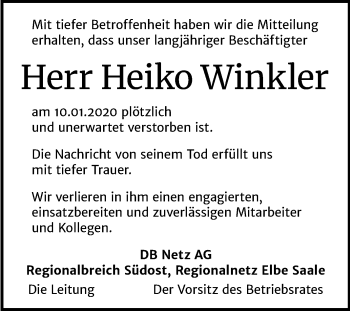 Traueranzeige von Heiko Winkler von Super Sonntag Naumburg/Nebra / Weißenfels / Zeitz
