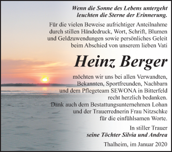 Traueranzeige von Heinz Berger von Wochenspiegel Bitterfeld