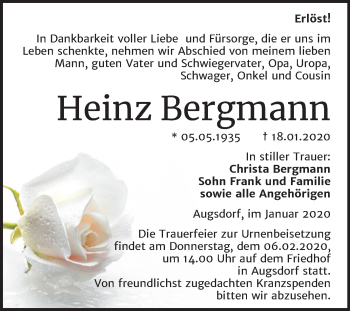 Traueranzeige von Heinz Bergmann von Mitteldeutsche Zeitung Mansfelder Land