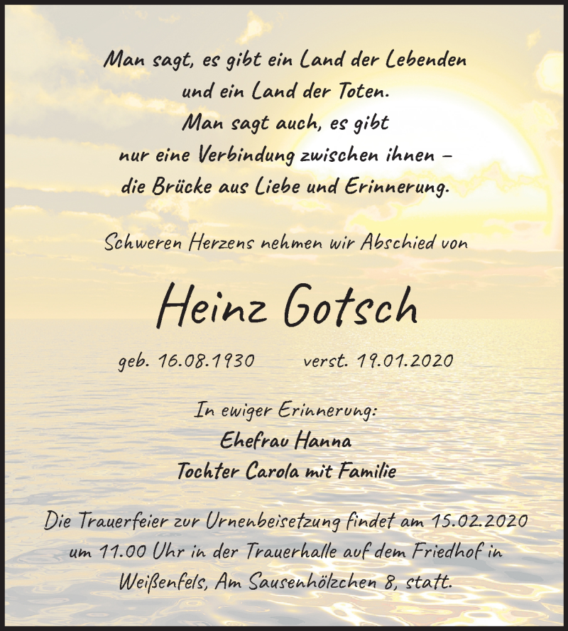  Traueranzeige für Heinz Gotsch vom 25.01.2020 aus Mitteldeutsche Zeitung Weißenfels