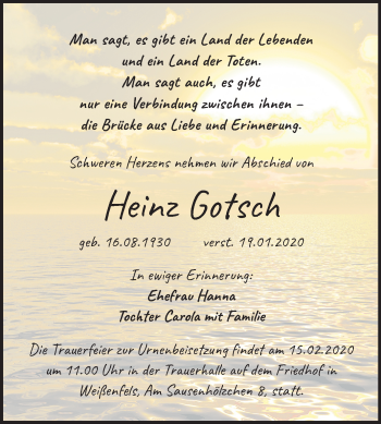 Traueranzeige von Heinz Gotsch von Mitteldeutsche Zeitung Weißenfels