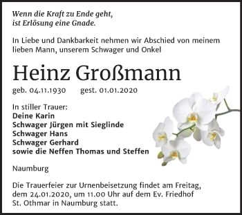 Traueranzeige von Heinz Großmann von Wochenspiegel Naumburg/Nebra