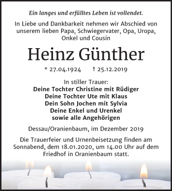Traueranzeige von Heinz Günther von Super Sonntag Wittenberg