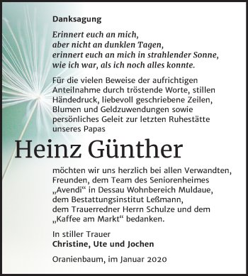 Traueranzeige von Heinz Günther von Super Sonntag Wittenberg