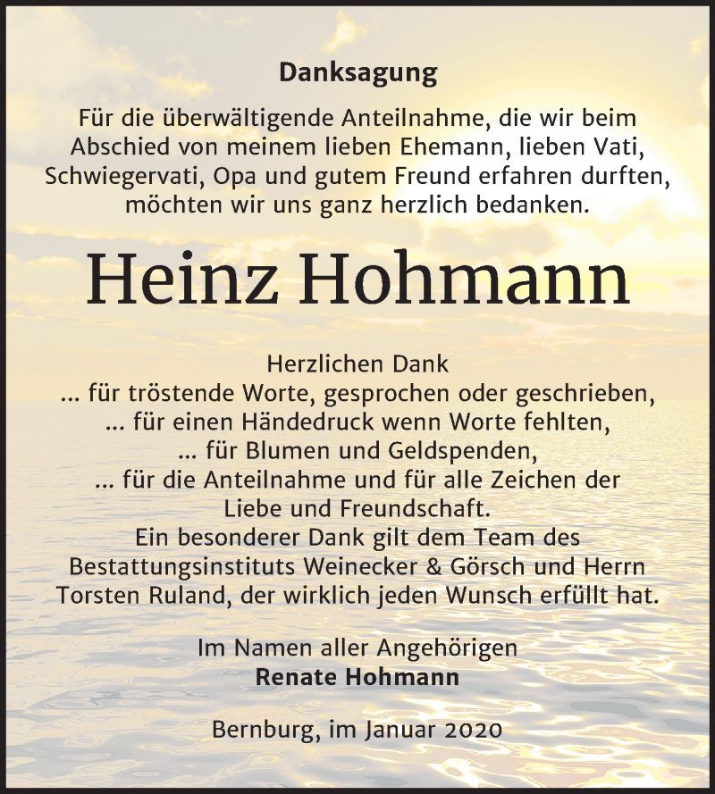  Traueranzeige für Heinz Hohmann vom 25.01.2020 aus Mitteldeutsche Zeitung Bernburg