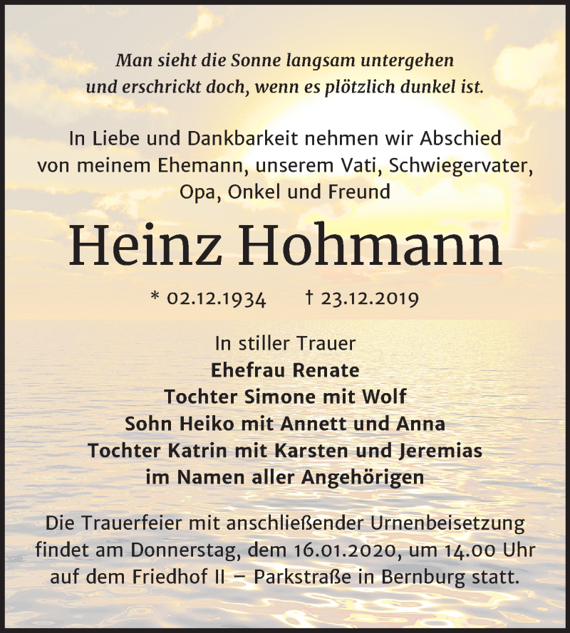  Traueranzeige für Heinz Hohmann vom 04.01.2020 aus Mitteldeutsche Zeitung Bernburg