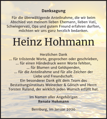 Traueranzeige von Heinz Hohmann von Super Sonntag Bernburg
