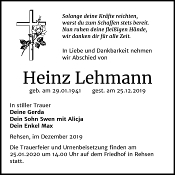 Traueranzeige von Heinz Lehmann von Super Sonntag Wittenberg