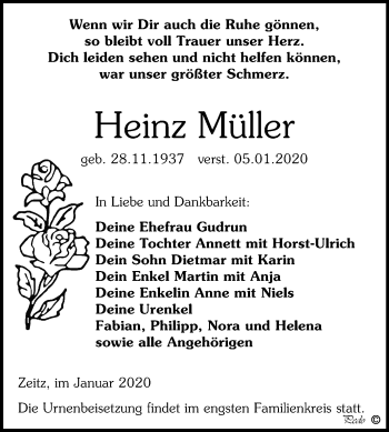 Traueranzeige von Heinz Müller von Super Sonntag Zeitz