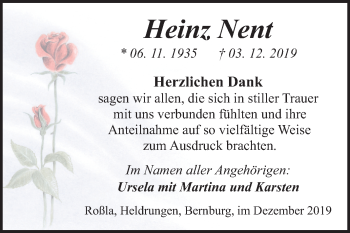 Traueranzeige von Heinz Nent von Wochenspiegel Sangerhausen