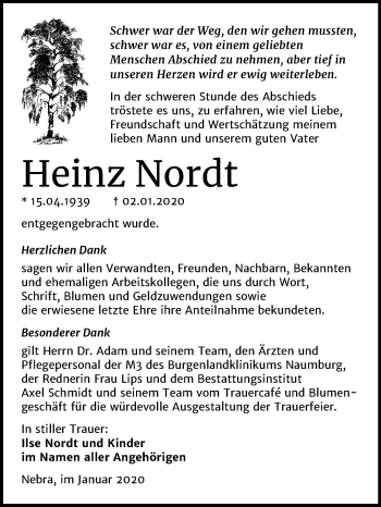 Traueranzeige von Heinz Nordt von Wochenspiegel Naumburg/Nebra