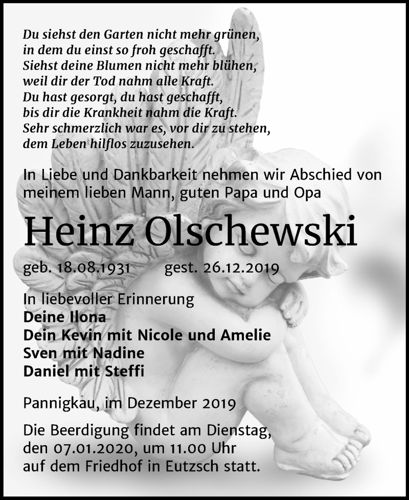  Traueranzeige für Heinz Olschewski vom 04.01.2020 aus Mitteldeutsche Zeitung Wittenberg