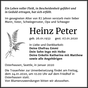 Traueranzeige von Heinz Peter von Wochenspiegel Mansfelder Land