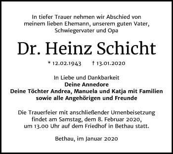 Traueranzeige von Heinz Schicht von Super Sonntag Wittenberg