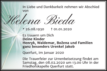 Traueranzeige von Helena Bieda von Mitteldeutsche Zeitung Merseburg/Querfurt